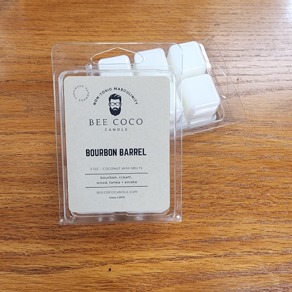 Bee Coco Bourbon Barrel wax melts packaging on a wooden surface