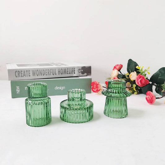 set of 3 gree glass taper and tealight holders