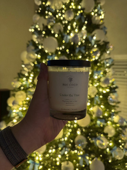 Under the tree candle being held in front of a christmas tree