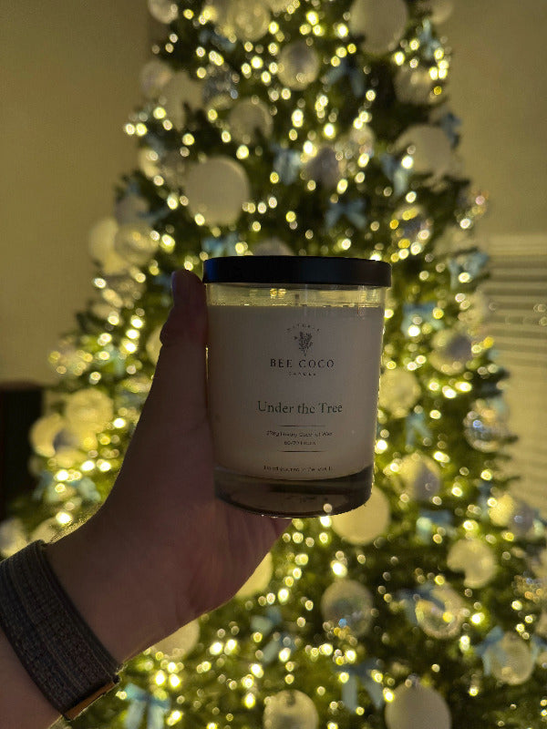 Under the tree candle being held in front of a christmas tree