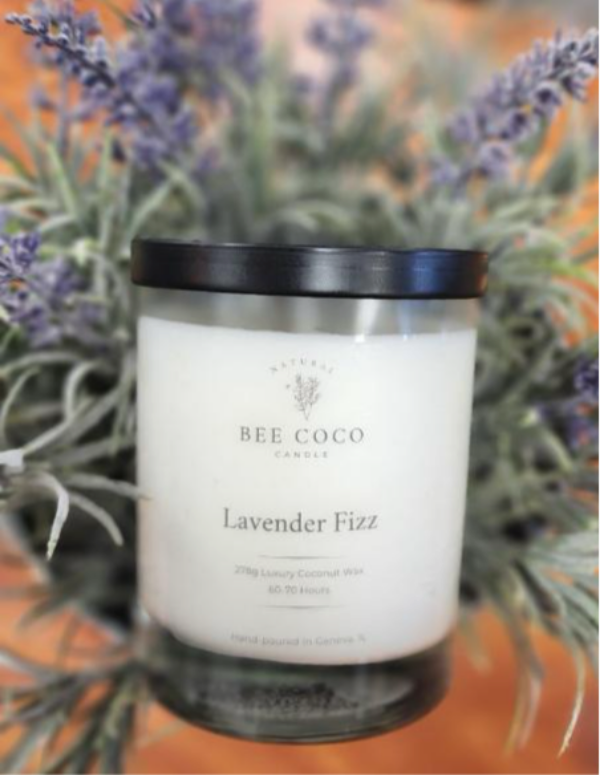 A scented candle named Lavender Fizz from Bee Coco Candle, placed in front of a lavender plant.