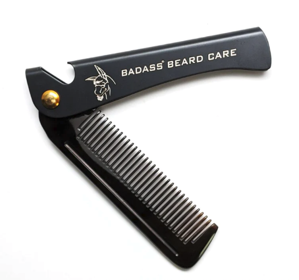 overhead view of folding beard comb showing built in bottle opener