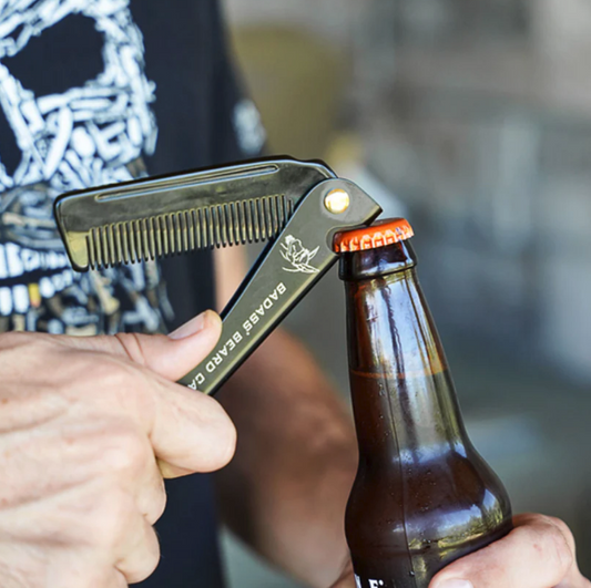 Opening a beer with beard comb