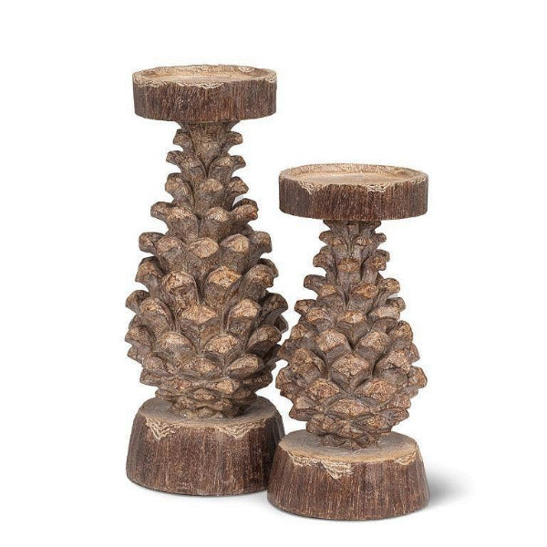 large and small pinecone pillar camdle holders