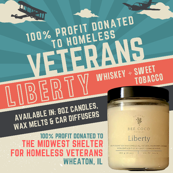 Bee Coco Liberty candle with promotional text for homeless veterans and donation details.