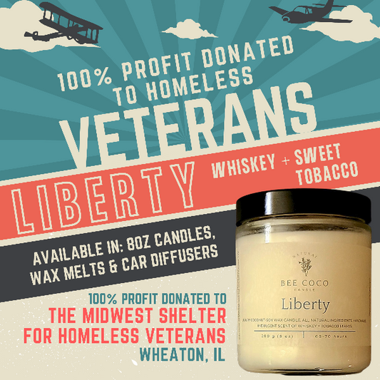 Bee Coco Liberty candle with promotional text for homeless veterans and donation details.