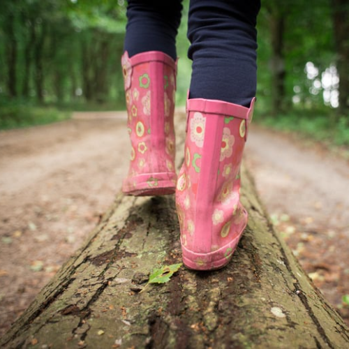 A close-up of a person's lower legs wearing pink rain boots with a floral pattern, standing on a wooden log in a forest setting.