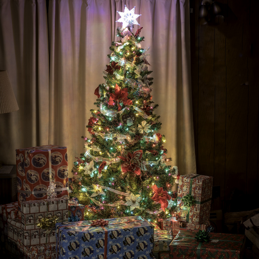 vintage Christmas scene of tree and presents in home