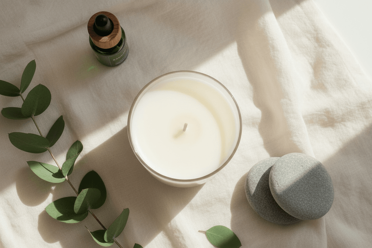 overhead shot of a non-toxic bee coco candle on a white linen tablecloth
