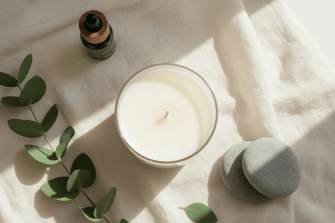 overhead shot of a non-toxic bee coco candle on a white linen tablecloth