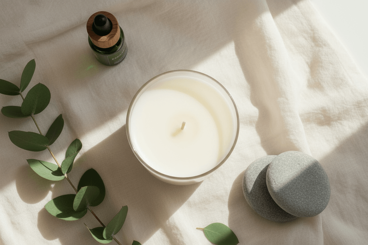 overhead shot of a non-toxic bee coco candle on a white linen tablecloth