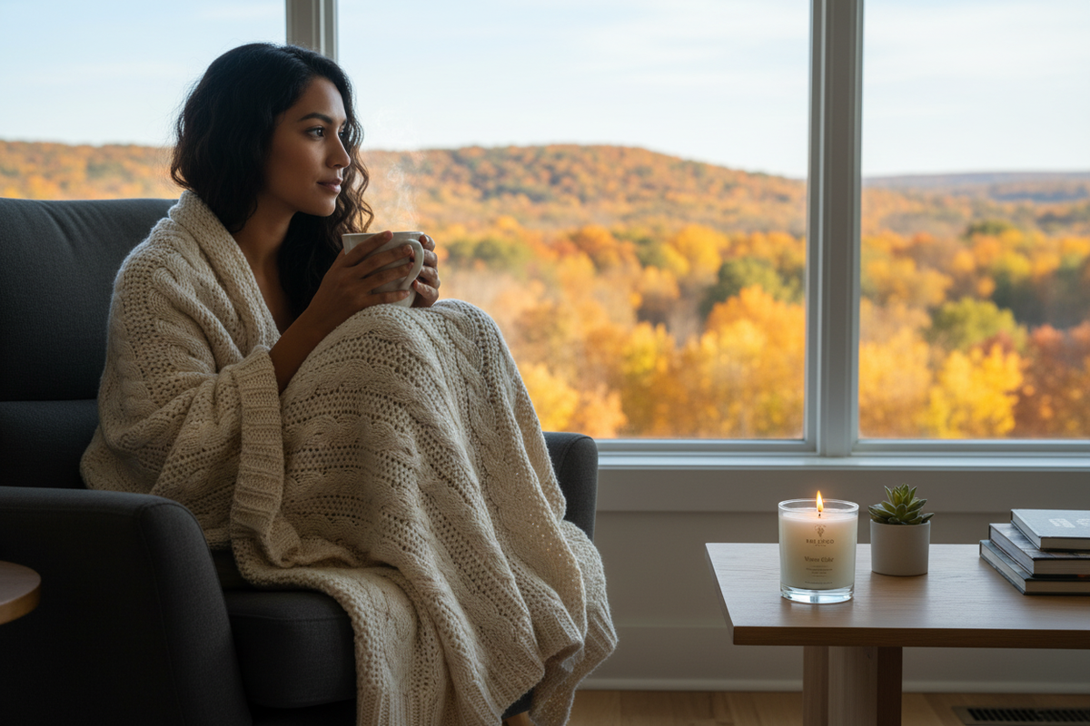 woman enjoying a fall scene out of her window wrapped in a cozy blanket burning a bee coco candle