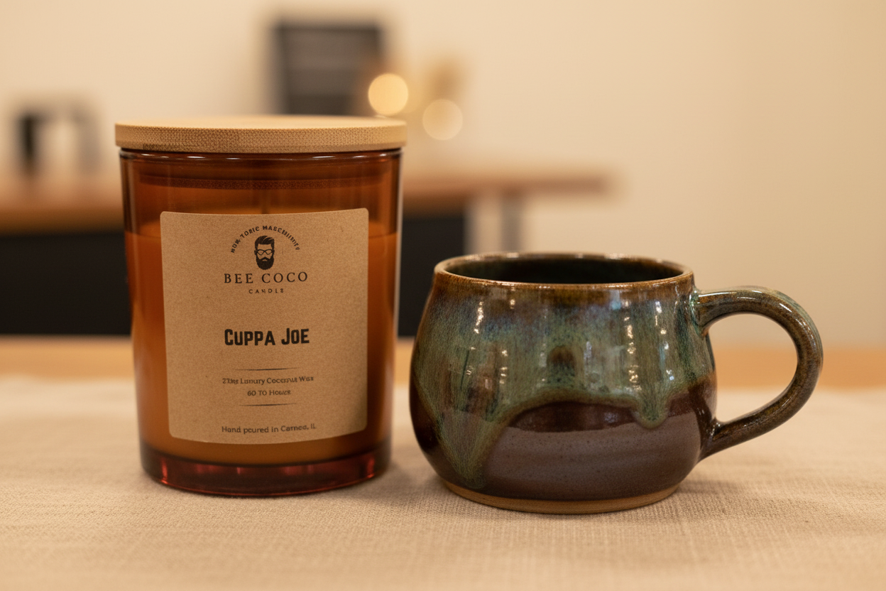 Cuppa Joe 13oz alongside a Belly Bodega handmade pottery mug — warm, artsy, and lived-in.