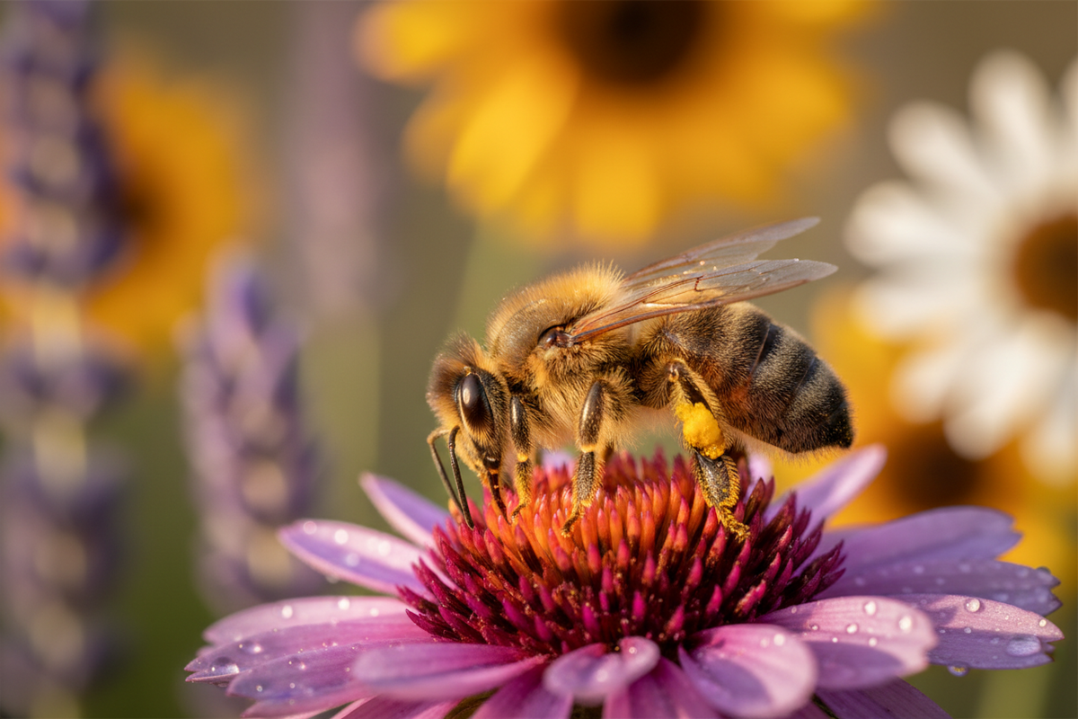 A fuzzy honeybee on a wildflower in a lush pollinator garden — lavender, sunflowers, soft golden light.