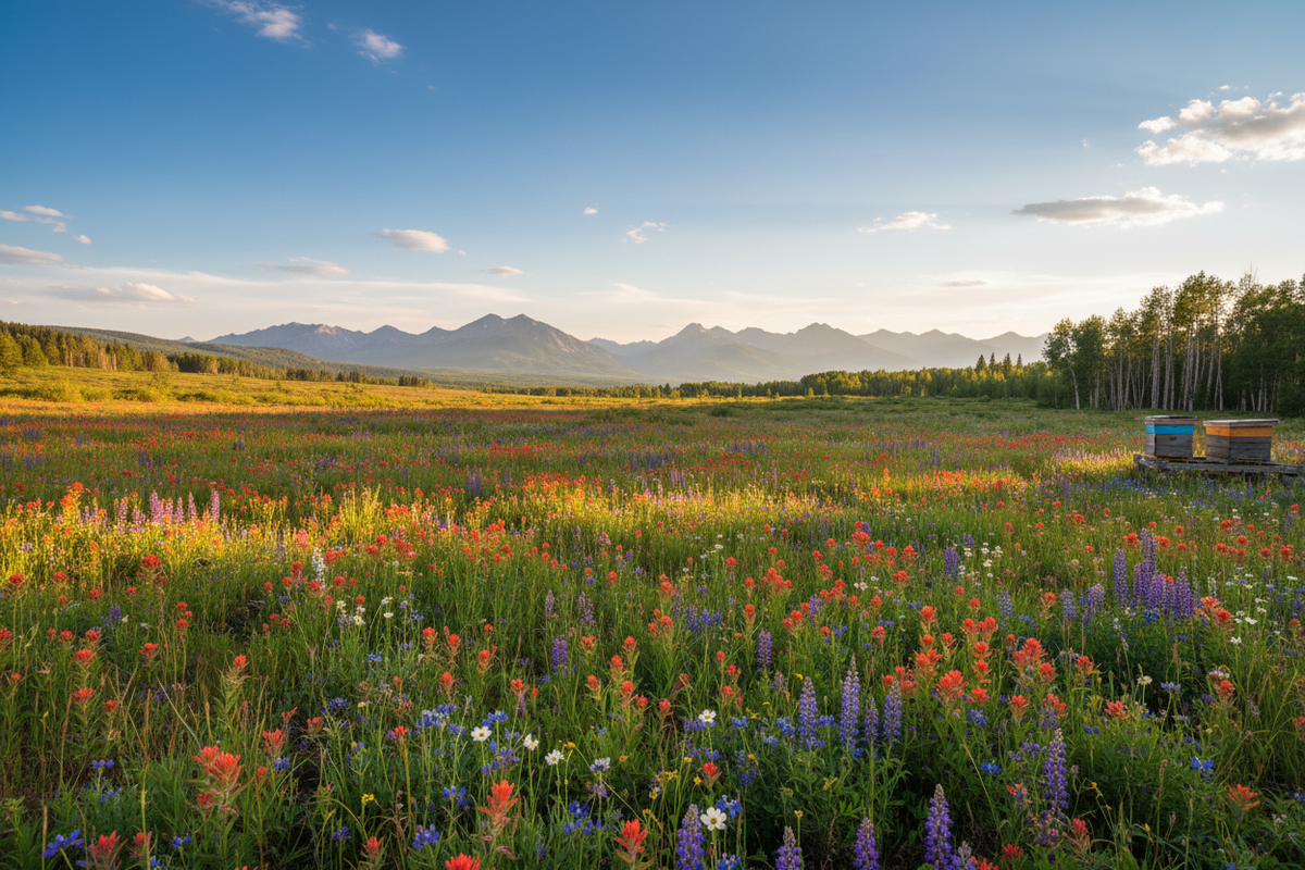 Colorado wildflower meadow, Rocky Mountain peaks in the distance, big sky, and bees naturally among the blooms.
