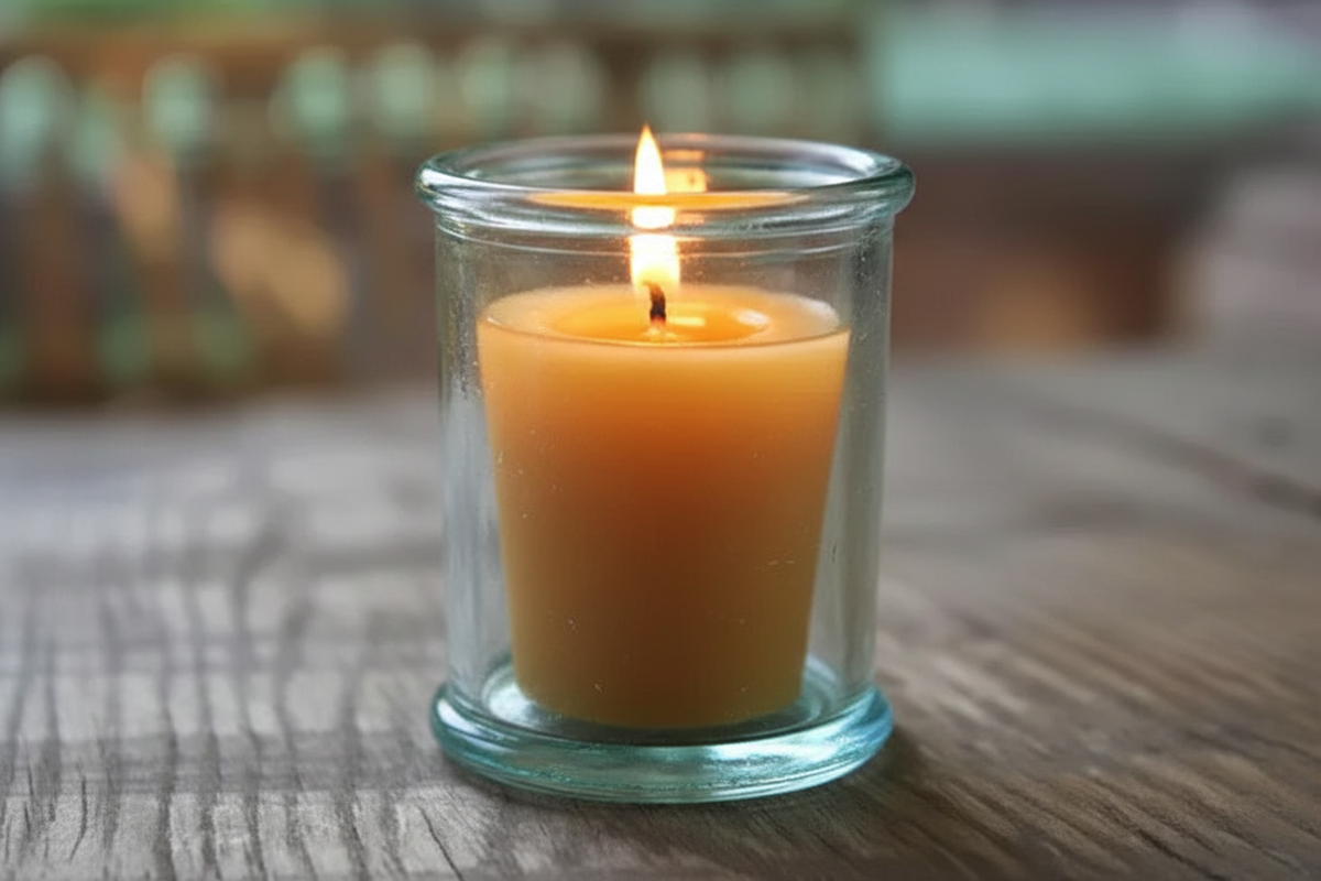  votive solid and intact, just freshly lit with a small flame and barely starting to melt