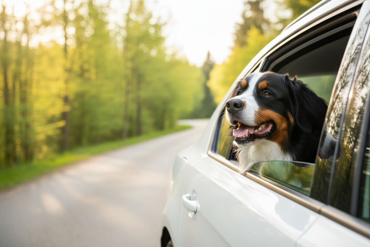 Bernese dog on a roadtrip with a non-toxic Bee Coco Candle Hanging Car Diffuser