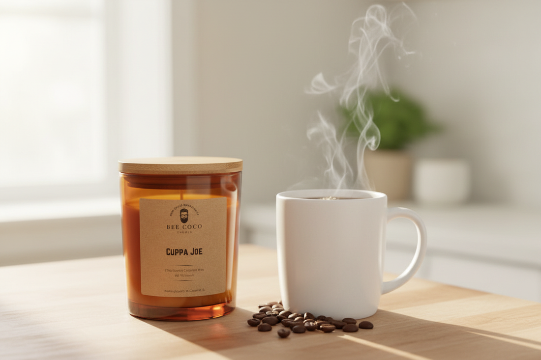 cozy morning with a cup of coffee and cuppa joe candle on a kitchen counter