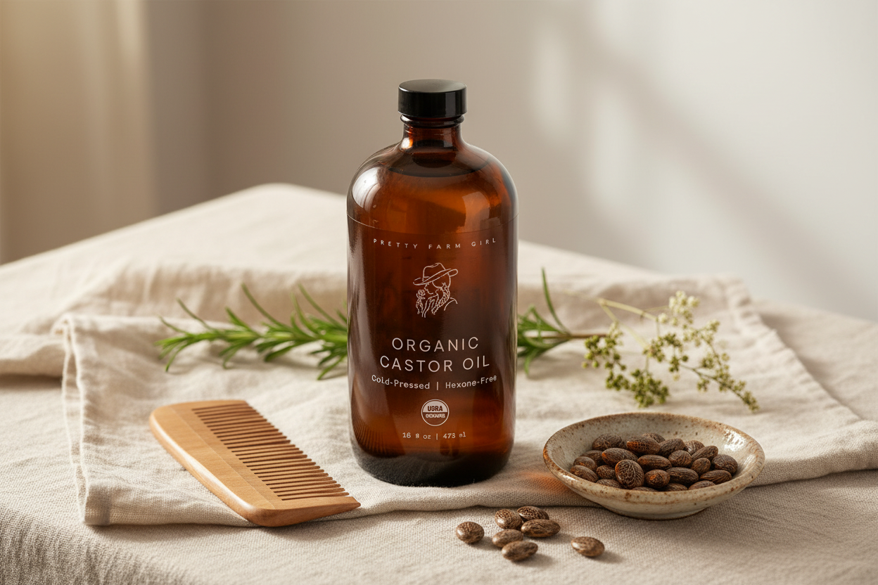 An amber glass castor oil bottle styled with a wooden comb, dried botanicals, and soft linen — clean beauty vibes that match the article's natural wellness angle.