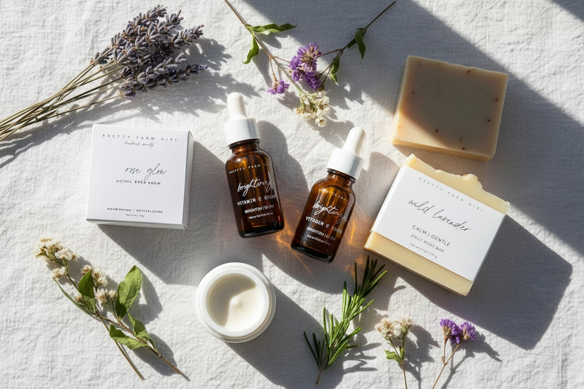 Pretty Farm Girl serums, soaps, and face cream styled in a clean beauty flat lay with botanicals and soft natural light.