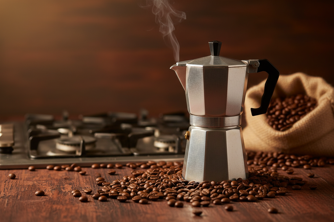 A moka pot brewing on a dark wooden surface with whole beans scattered in the foreground — warm, moody, and artisan
