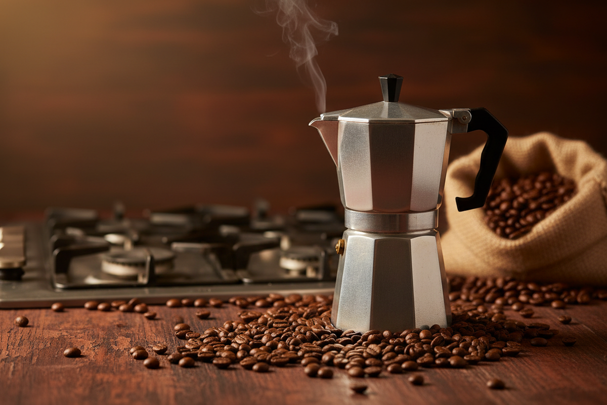 A moka pot brewing on a dark wooden surface with whole beans scattered in the foreground — warm, moody, and artisan