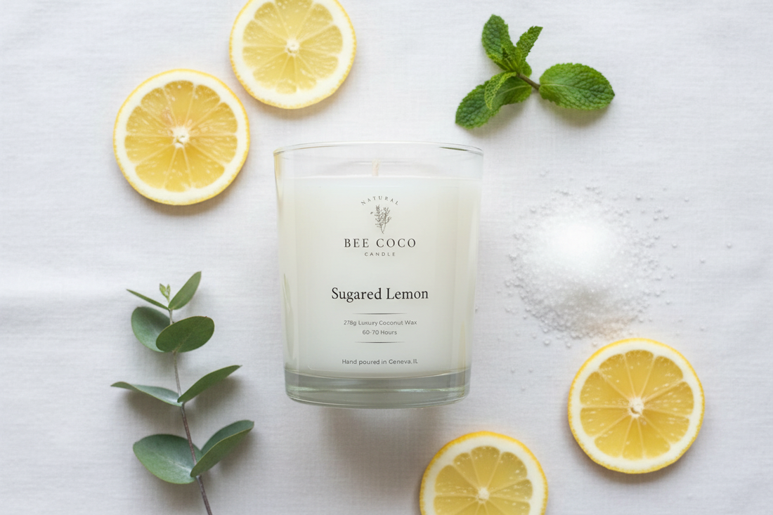 Sugared Lemon candle with lemon slices, sugar crystals, and fresh greenery