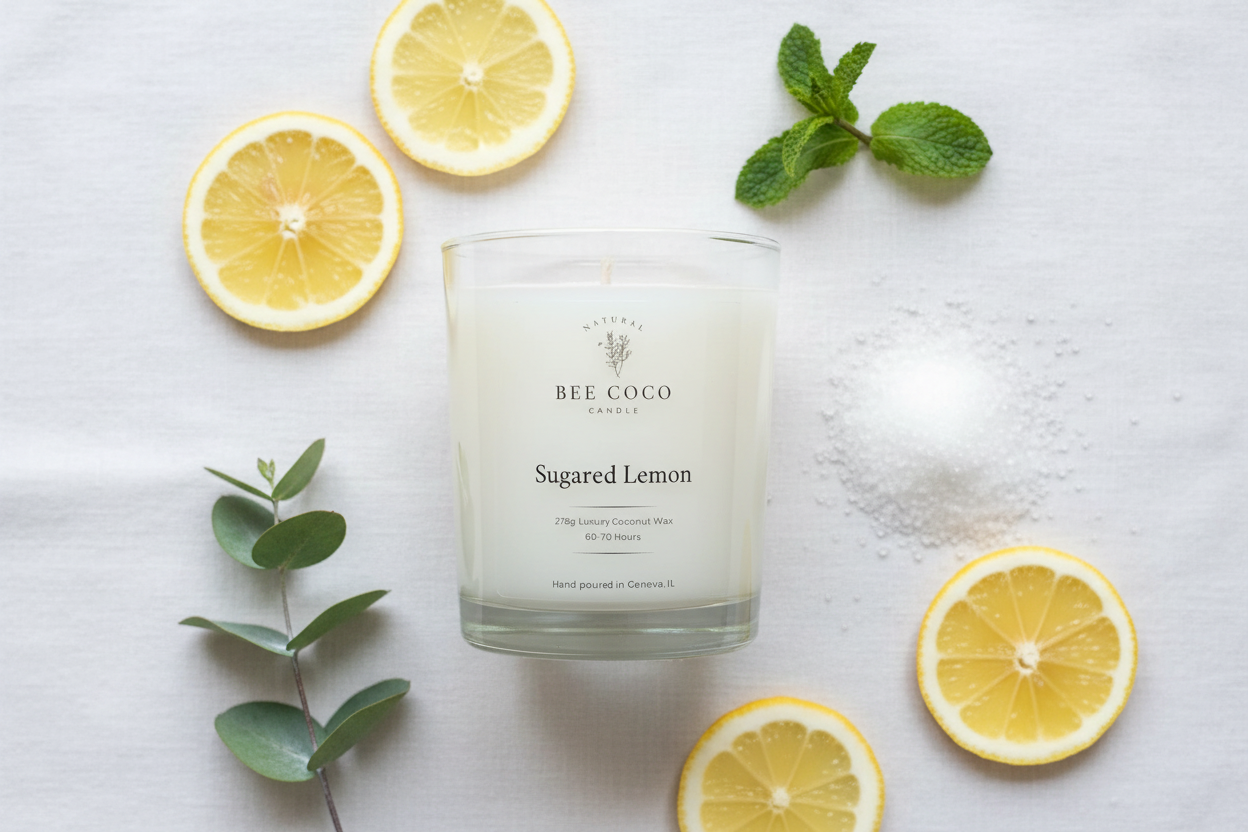 Sugared Lemon candle with lemon slices, sugar crystals, and fresh greenery