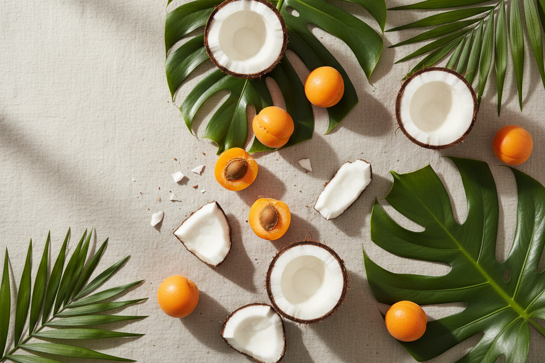 Fresh coconut halves, golden apricots, and tropical leaves on a light marble surface