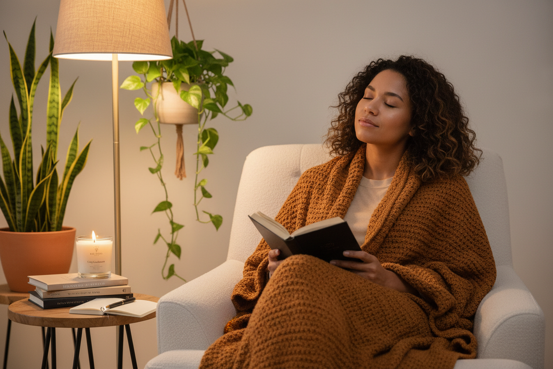 woman in a cozy blanket, reading a book while burning a non-toxic bee coco candle