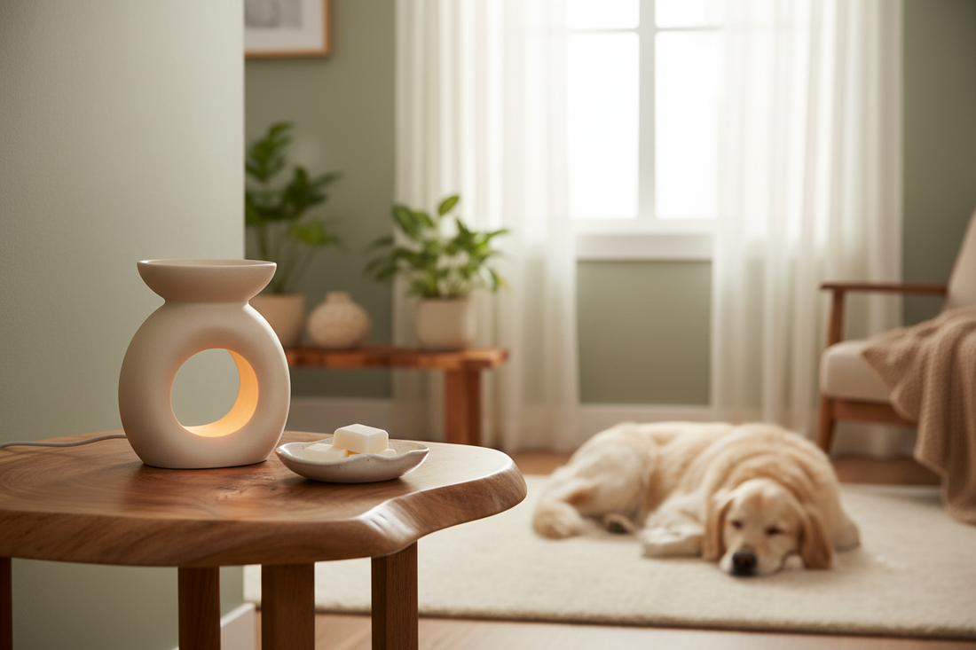 A cozy, warmly lit interior with a glowing ceramic wax warmer, white wax melts, and a relaxed pet in the background
