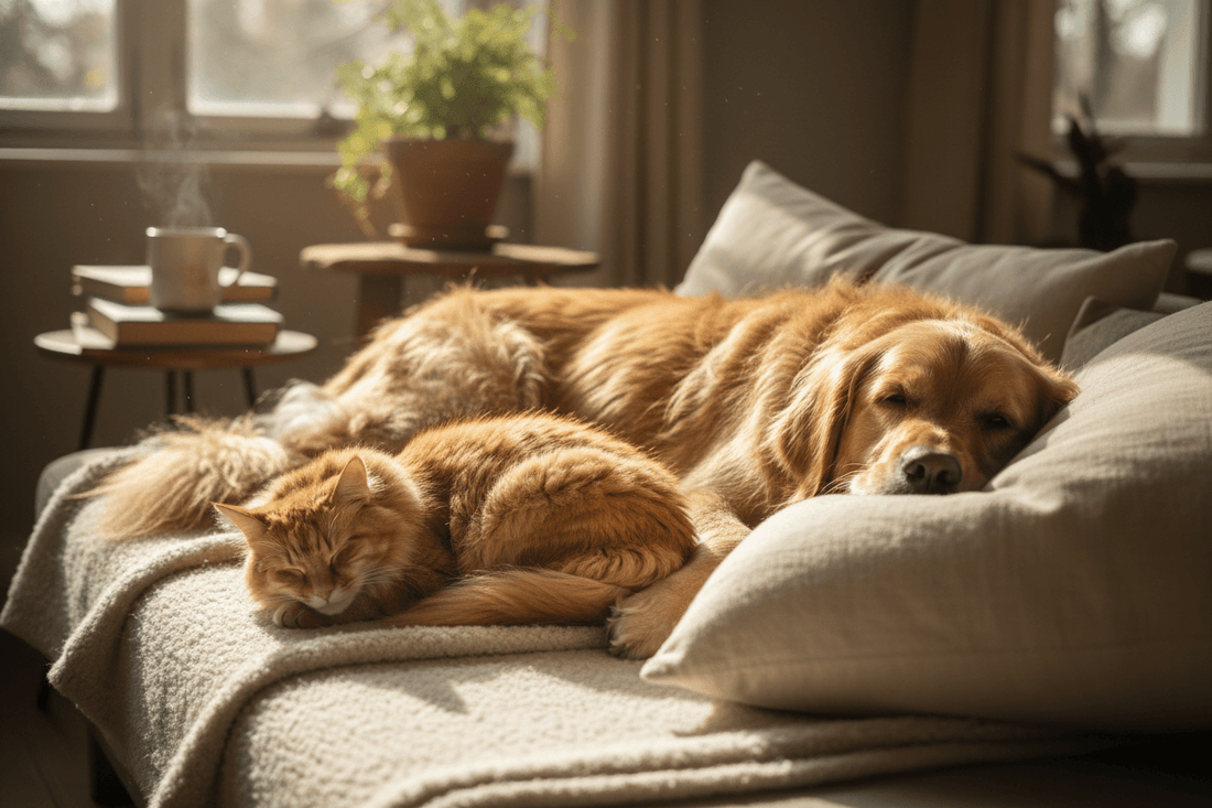 Cat and a dog relaxing on a comfy couch