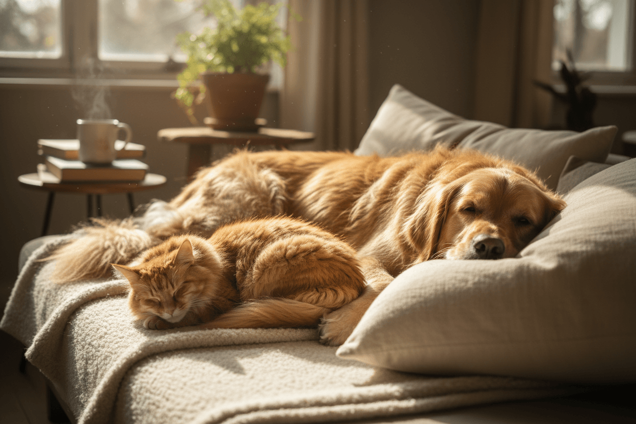 Cat and a dog relaxing on a comfy couch