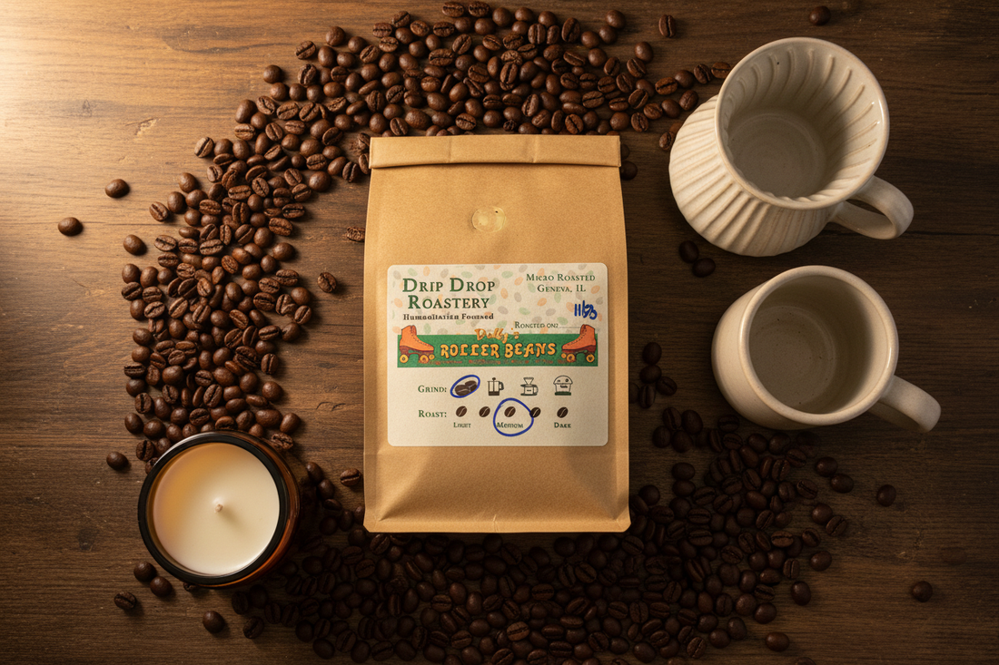 Drip Drop coffee bag with scattered whole beans, a pour-over, and a Bee Coco candle on a warm dark wood surface