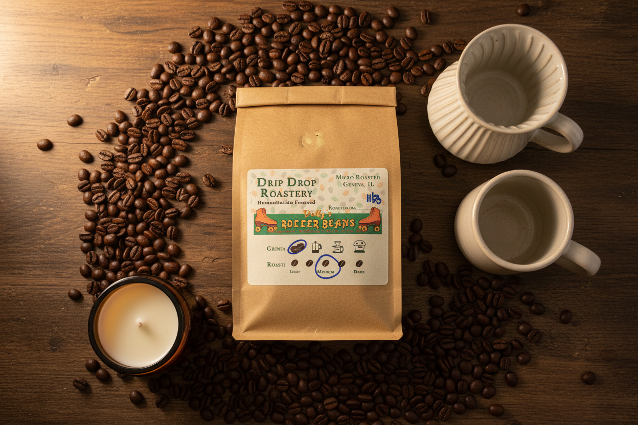 Drip Drop coffee bag with scattered whole beans, a pour-over, and a Bee Coco candle on a warm dark wood surface