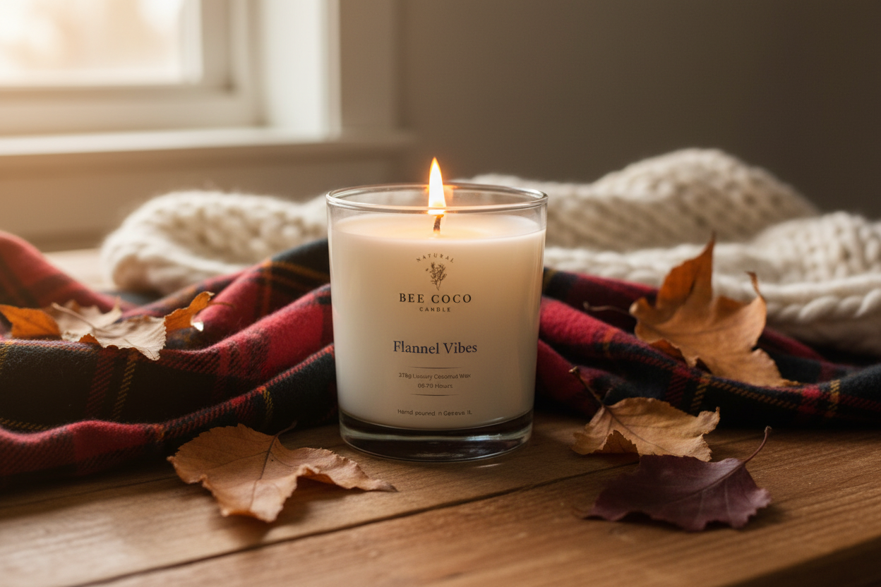Flannel Vibes 13oz in a cozy fall scene — warm amber leaves, flannel texture, chunky knit, soft window light. 