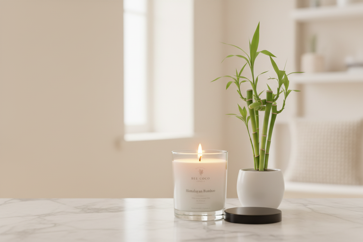 Himalayan Bamboo 13oz with a steady flame, fresh bamboo greenery, warm ambient light 