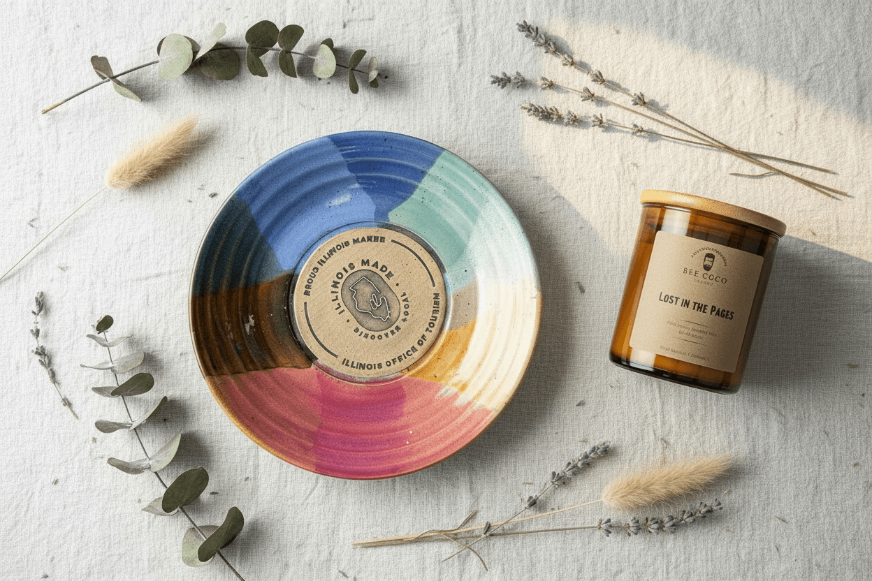The Illinois Made ceramic plate alongside your Lost in the Pages 13oz 