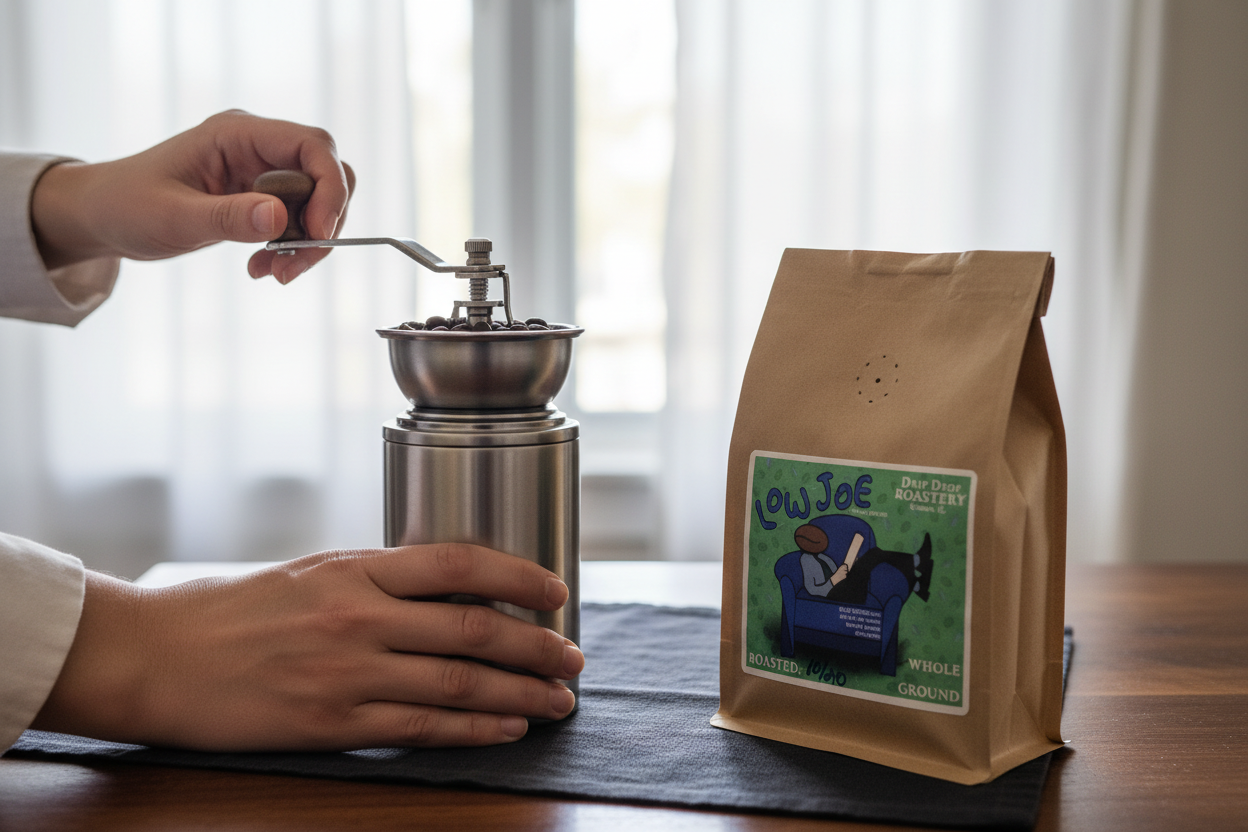 Upright flat-bottom bag of Low Joe Coffee beans from Drip Drop Rosterystanding tall, hand grinder