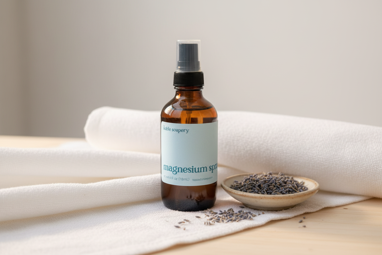 A serene spa-like scene with the magnesium spray as the focal point — soft linens, dried lavender, warm neutrals.