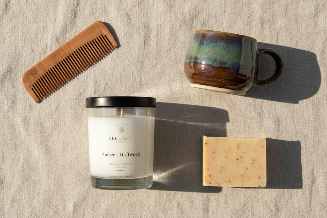 Bee Coco Candle Amber + Driftwood 13oz jar as the centerpiece alongside the artisan products. 
