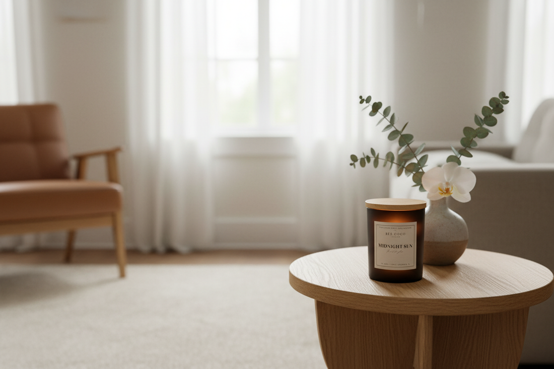 Midnight Sun 13oz in a serene, light-filled home setting with soft neutrals and fresh botanicals.