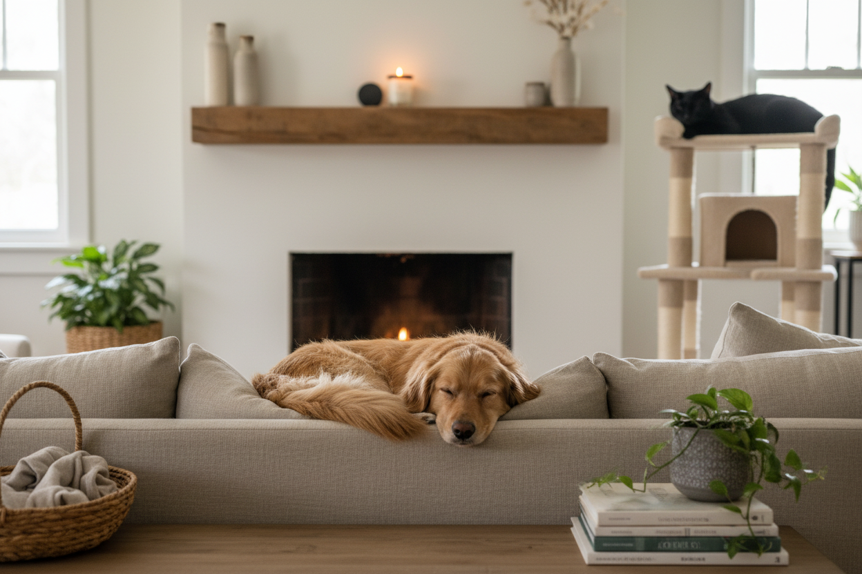 Dog and Cat relaxing in a room with a non-toxic Bee Coco Candle burning on a mantle