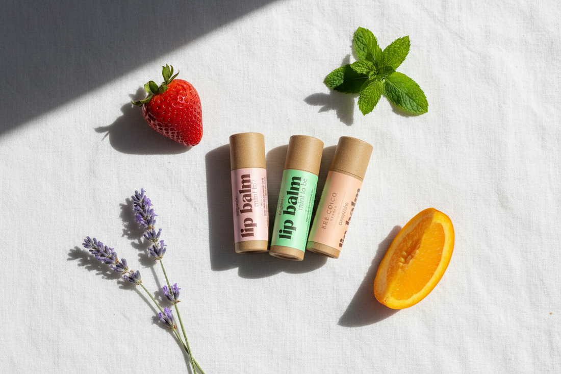 Strawberry, lavender, peach and mint lip balm