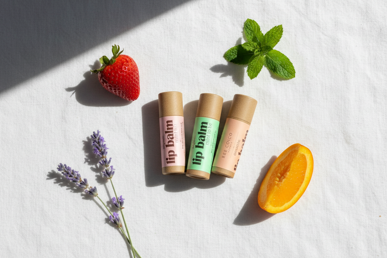 Strawberry, lavender, peach and mint lip balm
