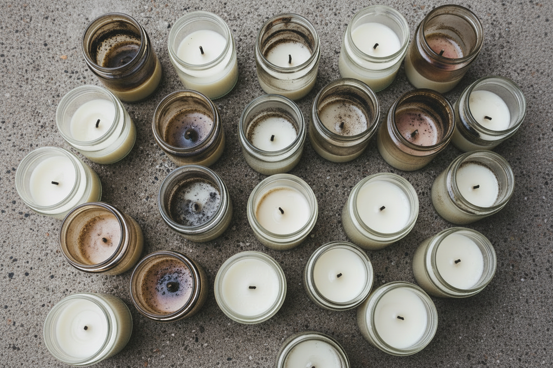 an overhead shot of lots of used candle jars in different sizes and colors, some heavily sooted and tunneled, others clean and soot-free.