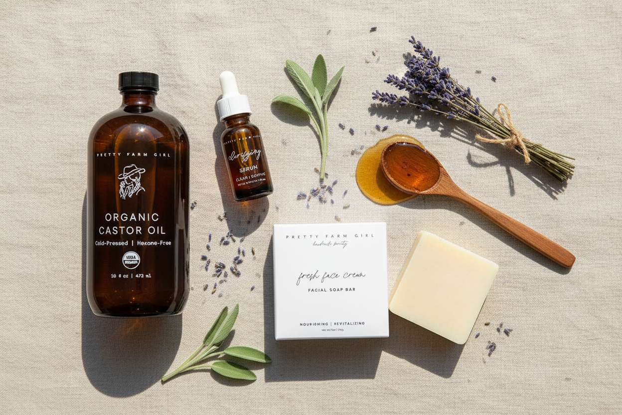 Soap bar, serum, and castor oil on a light linen surface with botanicals and honey elements — natural, farm-fresh, and clean.