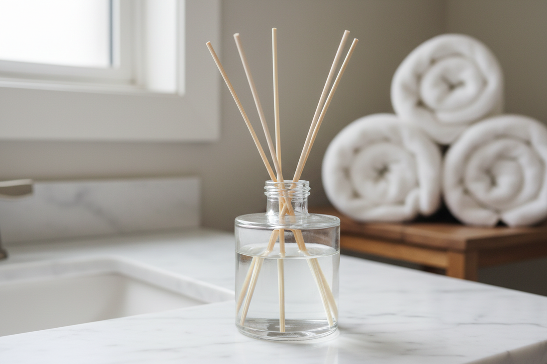 This shows a clear glass reed diffuser with the rattan reeds fanning out naturally from the open bottle (no cap), set on a bathroom vanity with white fluffy towels