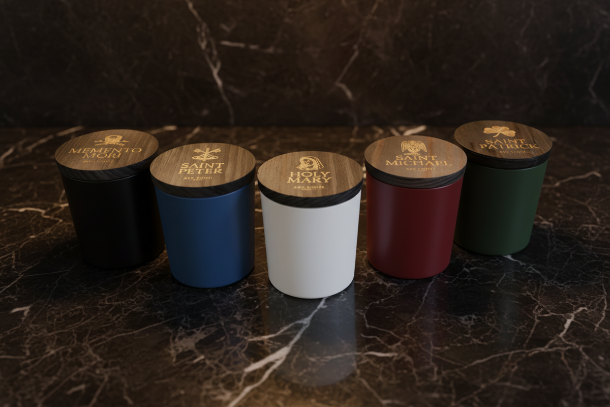 All 5 Saint Candles on black marble