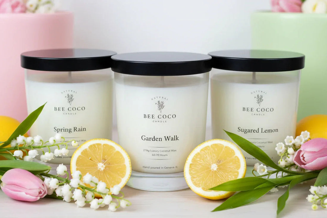 Spring candles - Spring Rain, Garden Walk, Sugared Lemon on a marble table top